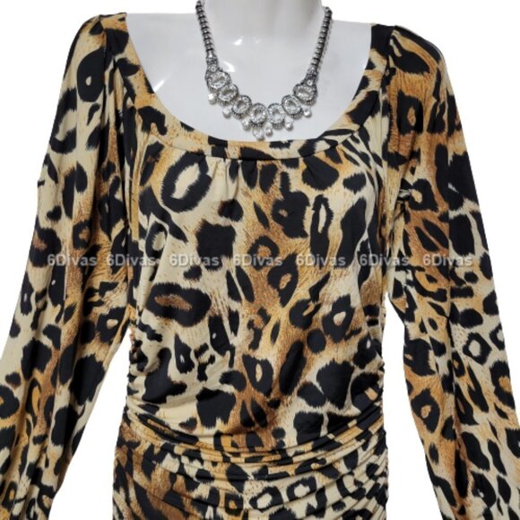 Brown and Black Sexy Long Sleeved Animal Print Dress Size M - Picture 2 of 8